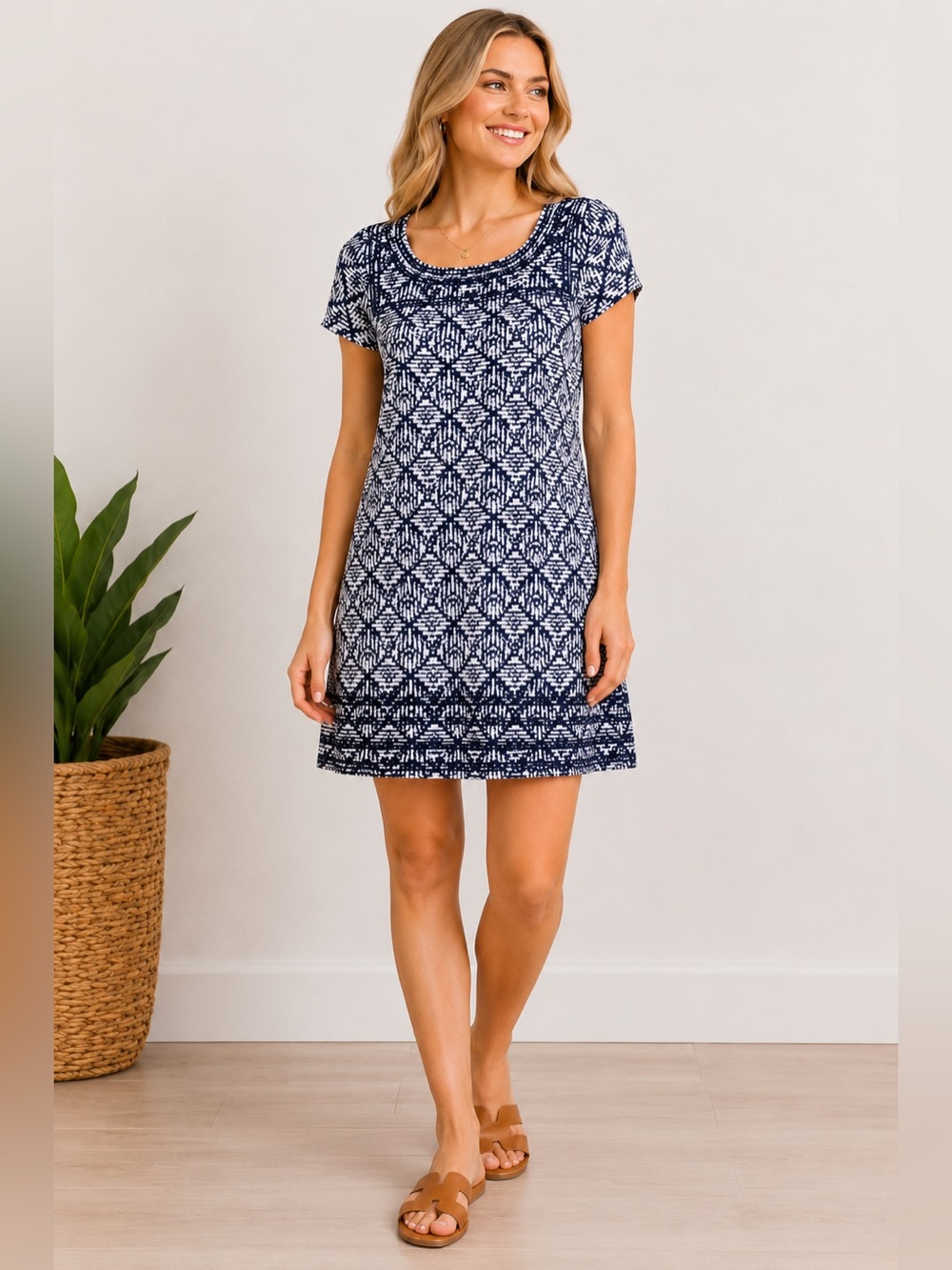 THML Geometric Embroidered Mini Dress Navy & White XS